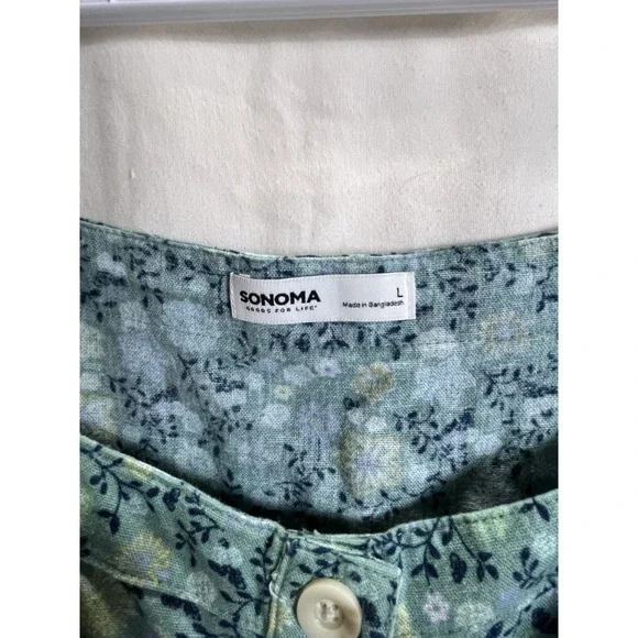 Sonoma Womens L Linen Tank Top Square Neck Tie Button Olive Blue Floral Boho - Picture 3 of 8